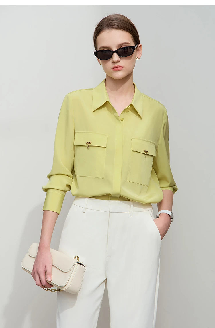 AMII Minimalist Chiffon Shirt Women 2025 Spring New Temperament Gentle Lapel Bamboo Work Pocket Concealed Button Tops 12521032