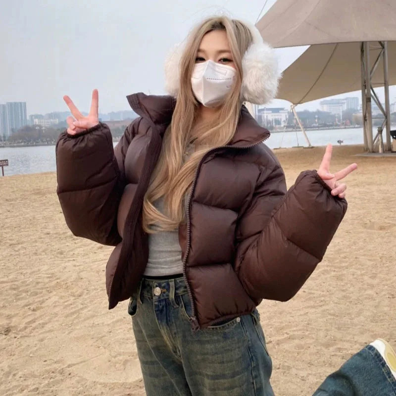 Casual Cropped Parkas for Women Winter New Loose Stand Collar Thick Warm Quilted Jacket Versatile Zipper Long Sleeve Bread Coat