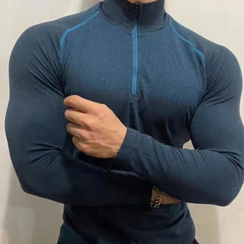 Men's Shark Quick-Dry Breathable Slim-Fit Half-Zip Training Top Long Sleeve Running T-Shirt Autumn Fitness Workout Baselayer