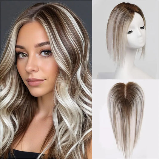 100% Real Human Hair Toppers for Women Ombre Brown Blonde Hair Topper 3.5*4 inch Lace Base Clip in Hair Extensions for Hair Loss