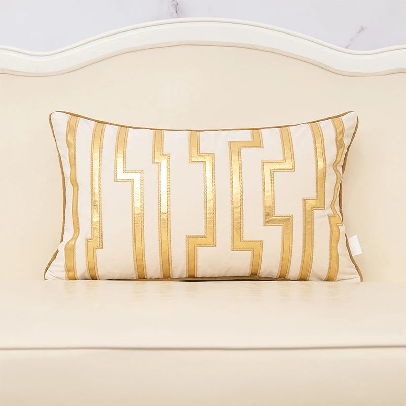 Aeckself Luxury Geometric Plaid Gold Grey Leather Embroidery Velvet Cushion Cover Home Decor Throw Pillow Case White Grey Black