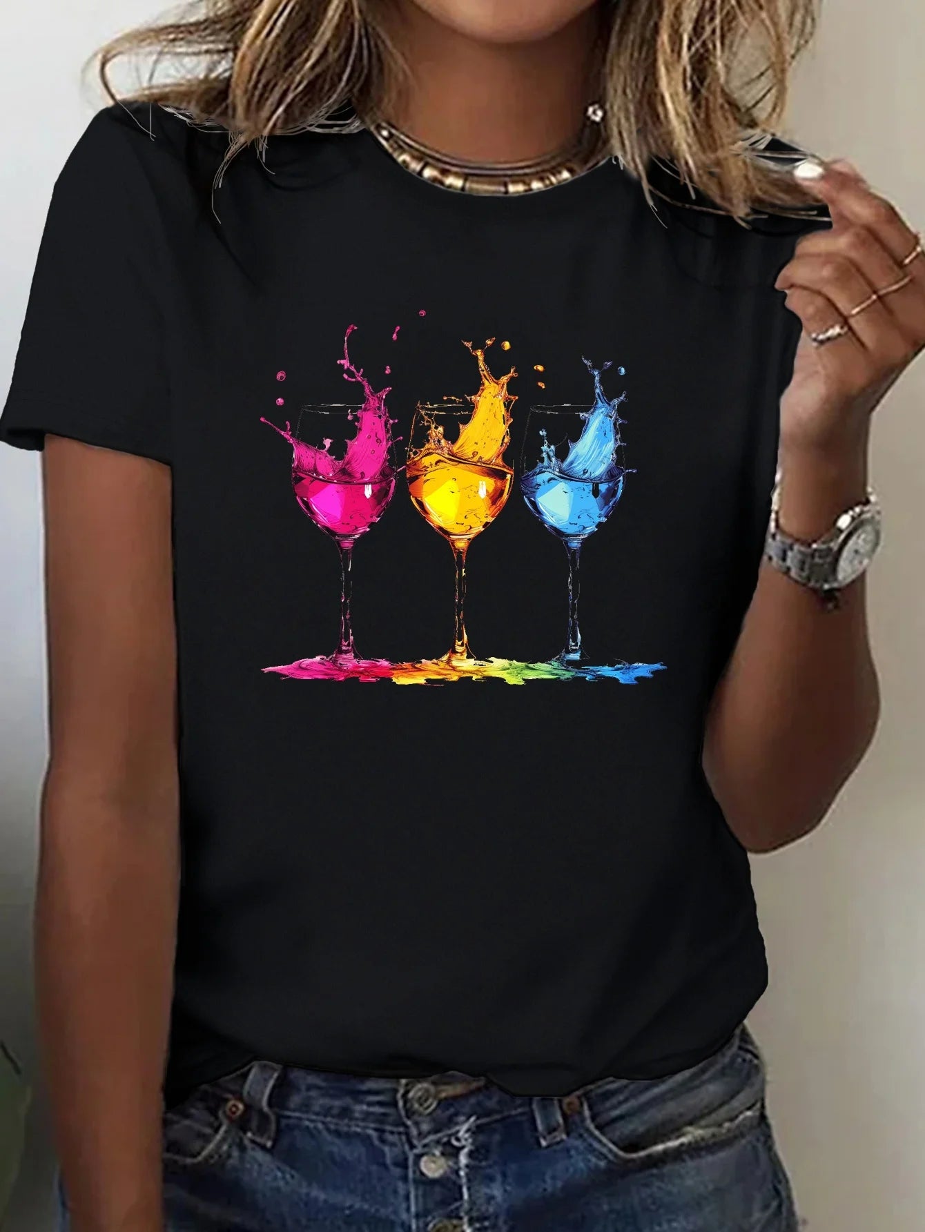 Wine Glasses Print Crew Neck T-shirt Casual Short Sleeve Top for Spring & Summer Women's Clothing Aesthetic Clothes