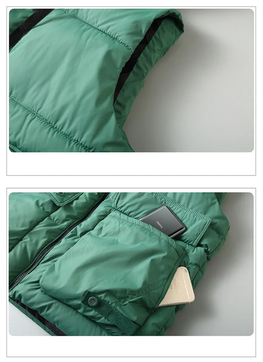 Men's Hooded Vest Winter Zipper Warm Stand Collar Waistcoat Men Cotton Padded Sleeveless Jackets with Big Pockets 2025