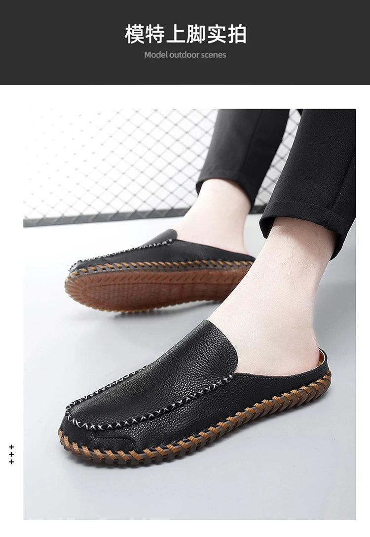 Plus Size 38-48 Handmade Mules Mens Backless Loafers Slippers Half Shoes For Men Slide Closed Toe Sandals Semi-Drag Casual Shoes