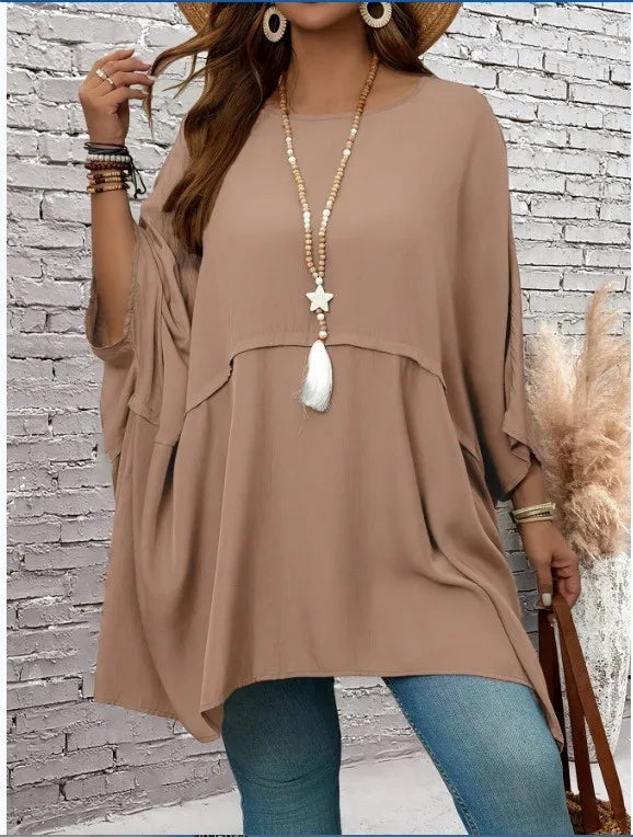 Plus-size women's clothing - solid-color loose crew-neck batwing sleeve top for spring and autumn casual vacations