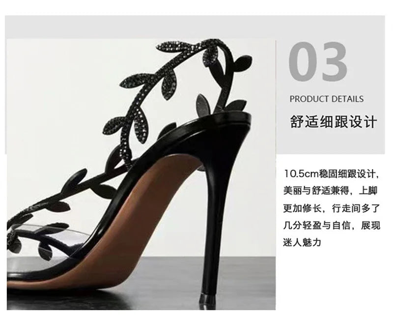 European American Pointed-Toed Rhinestone Leaves Thin Heel Sandals 2025 Spring And Autumn New Style Fashionable Elegant Party