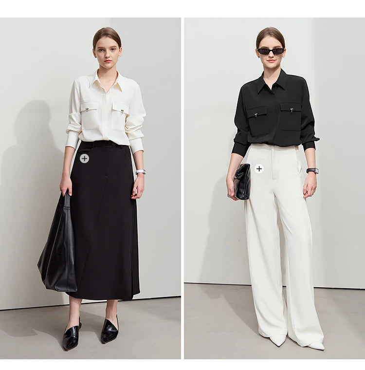 AMII Minimalist Chiffon Shirt Women 2025 Spring New Temperament Gentle Lapel Bamboo Work Pocket Concealed Button Tops 12521032