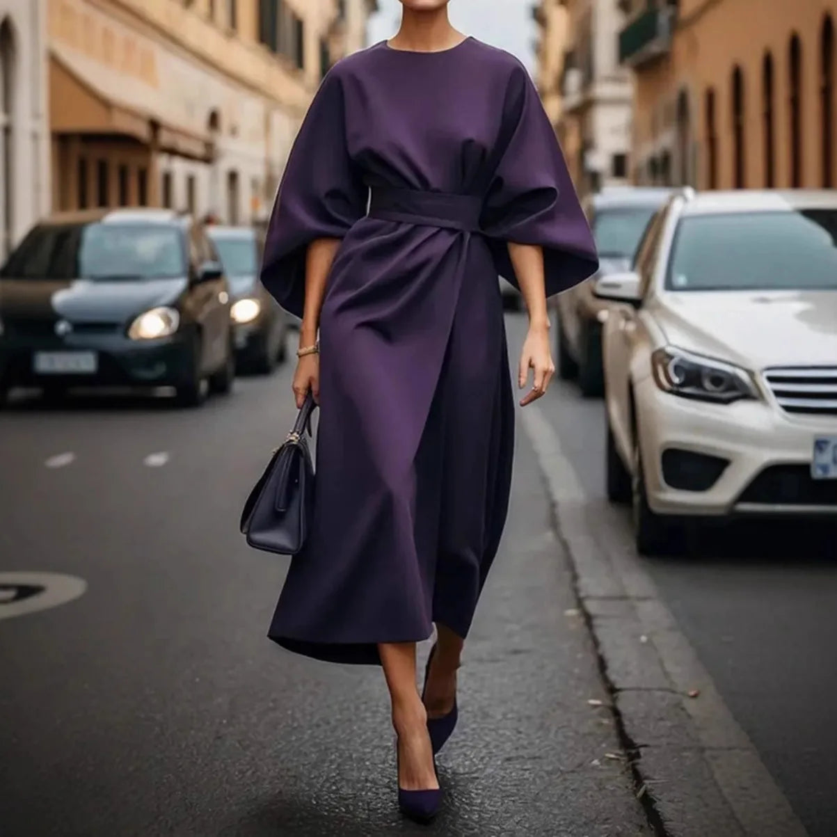 2025 Women's Fashion Temperament Elegant Solid Color Waist Dress Casual Bat Sleeve Long Skirt Vestidos De Mujer