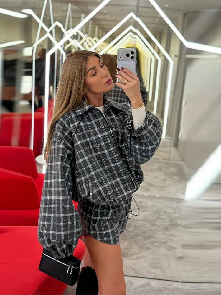 Casual Plaid Shorts Set Women Fashion Lapel Long-sleeved Zipper Jacket Short Pants Suit 2026 Lady Spring New Daily Street Outfit