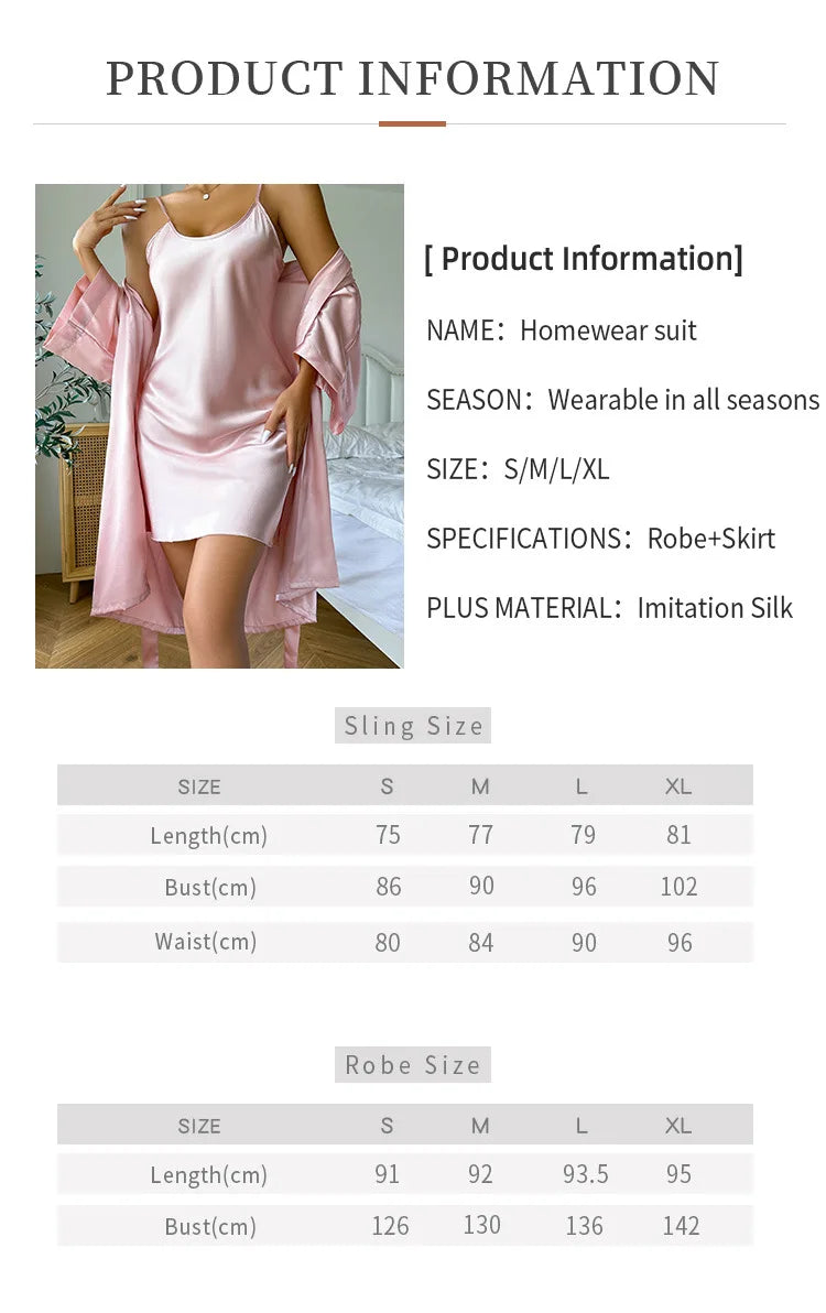 Silk Satin Women Nightgown Set Sleeveless Sling Dress & Long Sleeves Waist Belt Robe 2 Pieces Female Sleepwear Autumn Nightwear