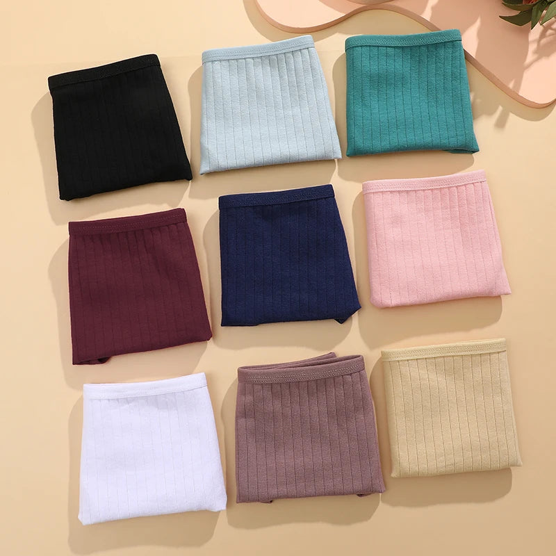 FINETOO 9PCS/SET Cotton Striped Underwear Women's Panties Sexy Soft Solid Color Briefs Female Comfortable Stretch Lingerie M-XL