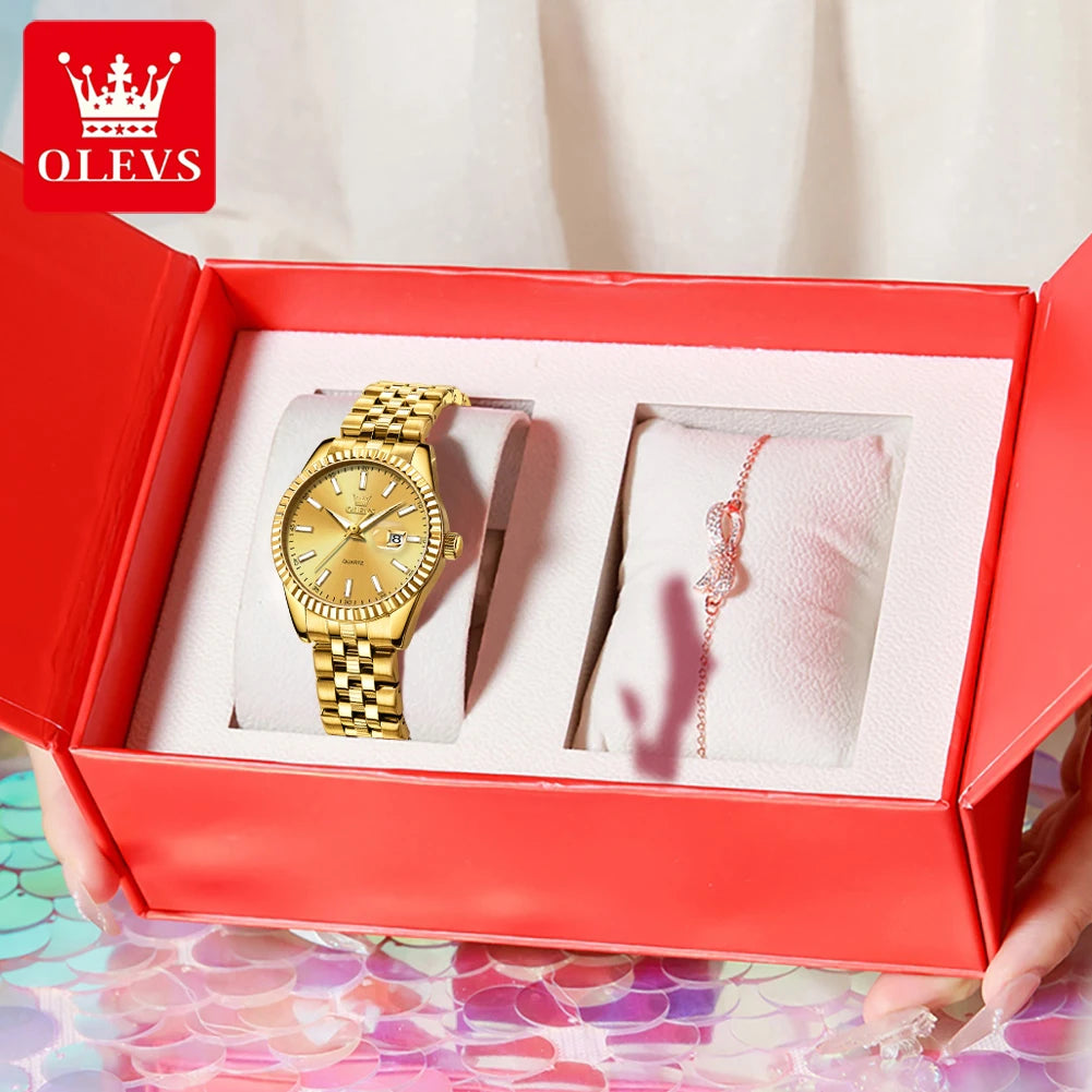 OLEVS 5593 Ladies Watches Original Luxury Quartz Wristwatch Stainless Steel Waterproof Luminous Day Date Watch Bracelet Set ﻿