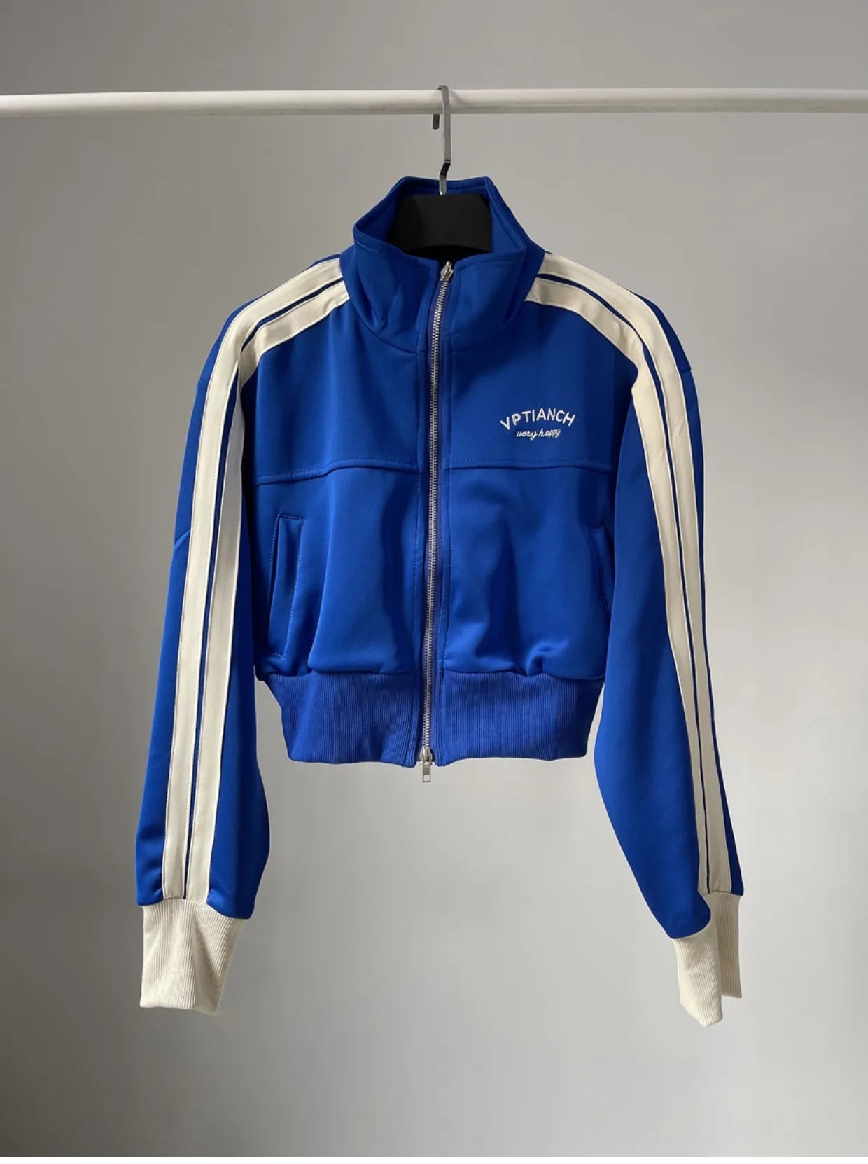 [YOZOU] Spring Double Zipper Baseball Cropped Jacket Women Outerwear Embroidered Striped Green Black White Blue Zip Up Coat