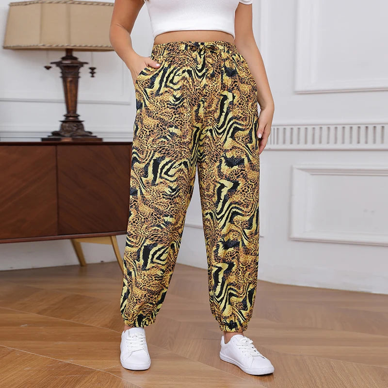 Plus Size Leopard Print Joggers Women High Waist Casual Loose Pants Elastic Waist Trendy Streetwear Trousers
