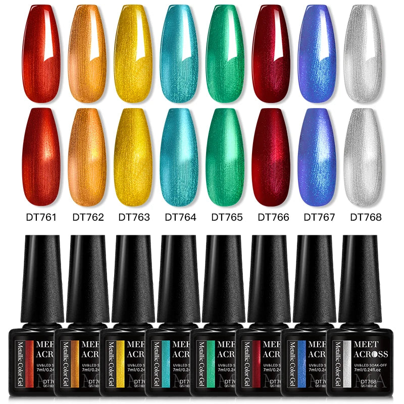 MEET ACROSS 8pc Metallic Series Gel Nail Polish Set Red Gold Mirror Effect Soak Off UV LED Gel Kit for Nail Art Manicure Varnish