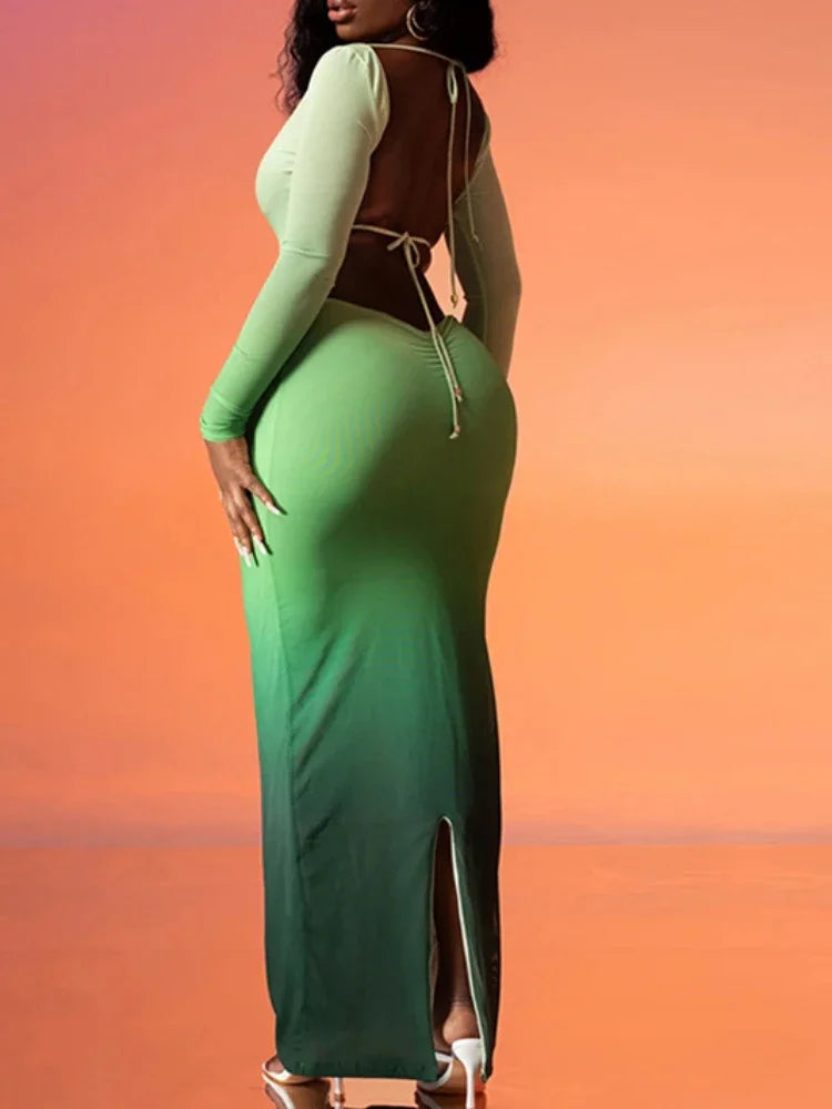 Sexy Front Chest Hollow Out Gradient Slim Bodycon Maxi Dress Women Cross Strap Backless Skinny Evening Dress Club Party Vestidos