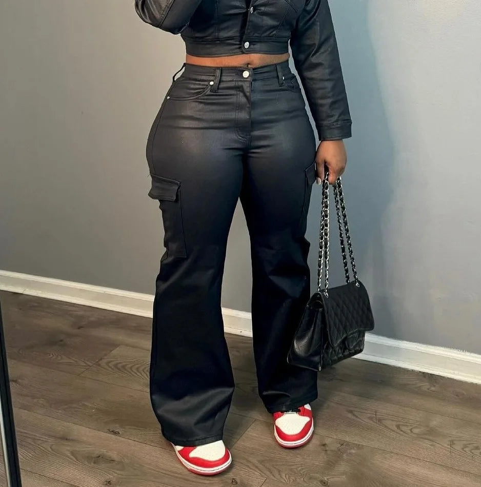 CM.YAYA Faux Leather Women's Set Single Breasted Jacket and Flare Pants Suit 2024 Fall Winter Two 2 Piece Sets Outfits Tracksuit