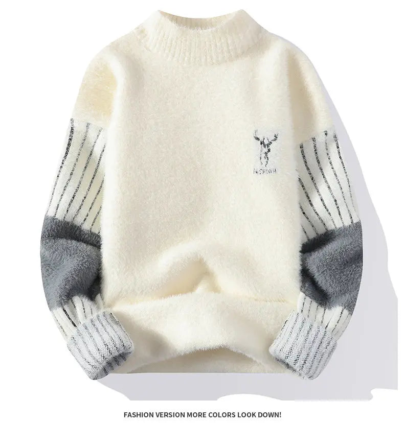 Thickened Winter Semi High Neck Knitted Sweater with Anti Pilling Splicing Men's Casual Long Sleeved Bottom Printed Pullover