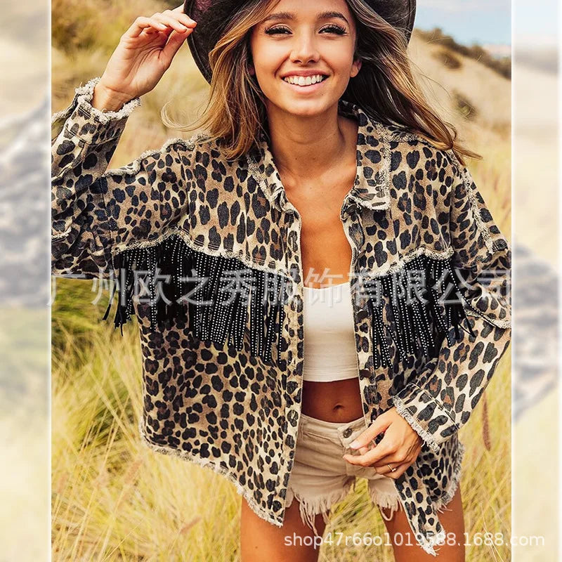 Women Spring Diamonds Beaded Tassels Washed Old Leopard Printed Denim Jacket Fringed Jeans Coat Cowboy Cardigan Streetwear Tops