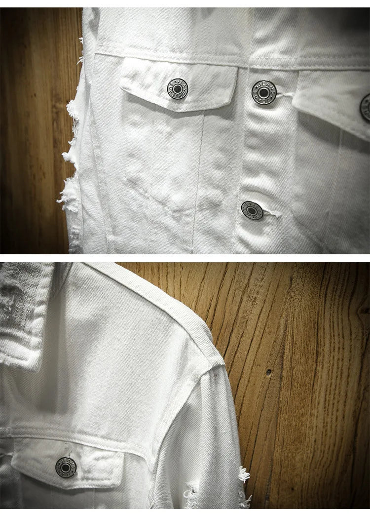 S-3XL Fashion Denim Jacket Men Ripped Holes Mens Pink black Jean Jackets Garment Washed Mens Denim Coat