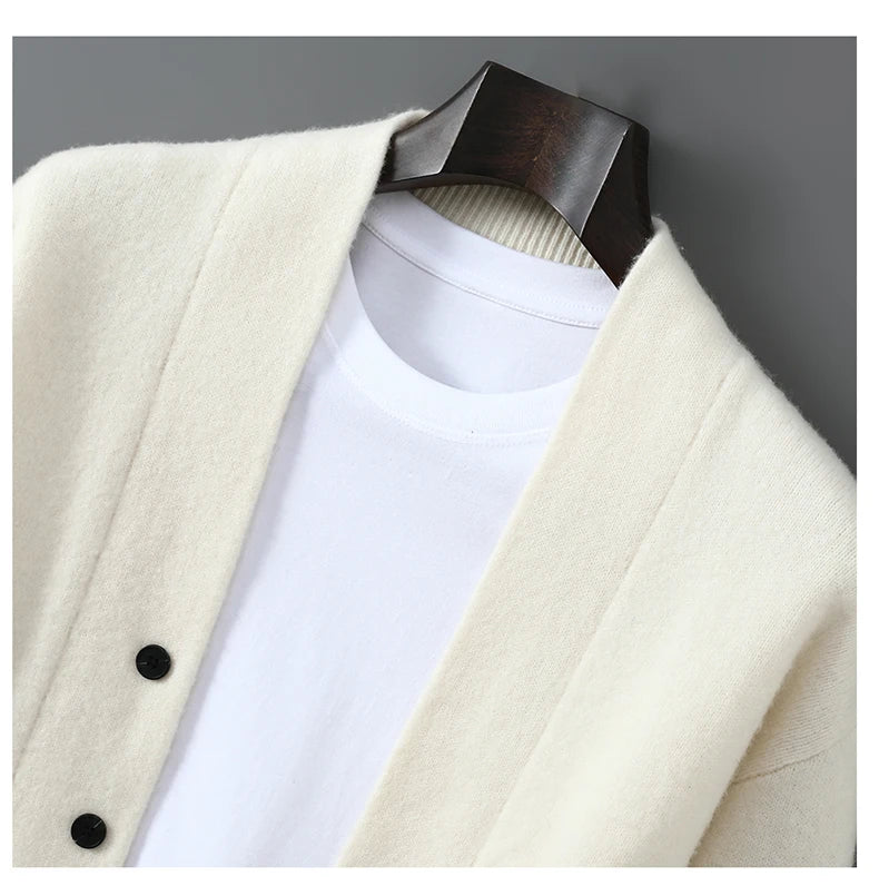 2025 Autumn Winter New Thick Cardigan 100% Pure Wool Men's Versatile Jacket V-Neck Loose Casual Highend Knitted Cashmere Sweater