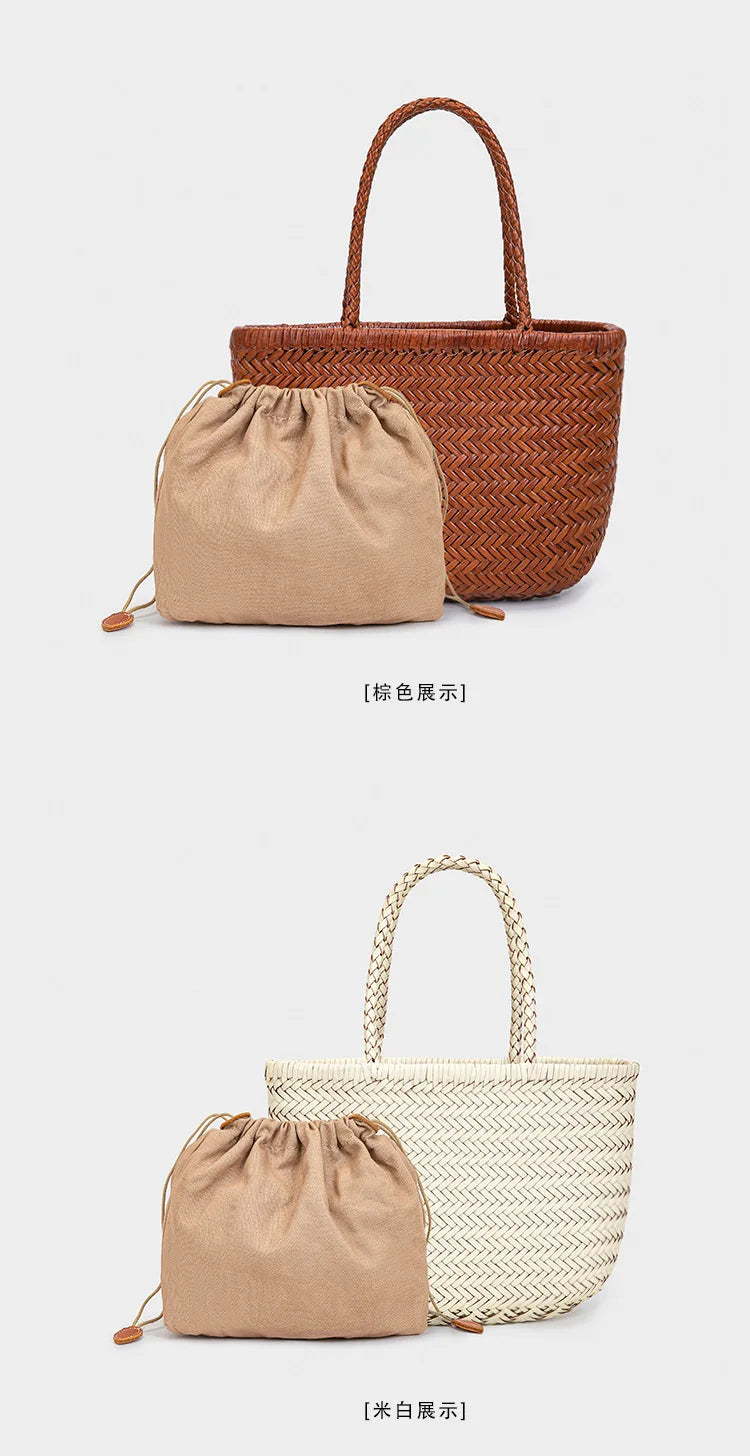 2026 spring new braid bag French basket bag Vintage Boho Gypsy Aztec Ibiza Genuine Leather Messenger Bag  female ins style