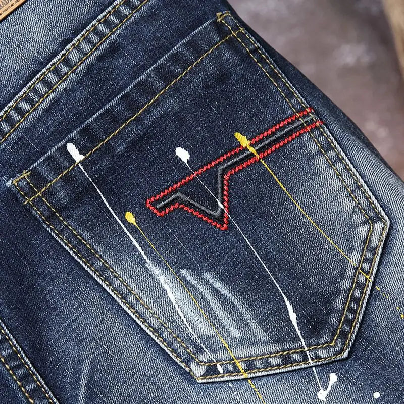Plus Size 7XL 6XL Men's Summer Ripped Denim Shorts, Loose Straight-Cut, Painted Style, Fashionable Trendy Denim Cropped Pants