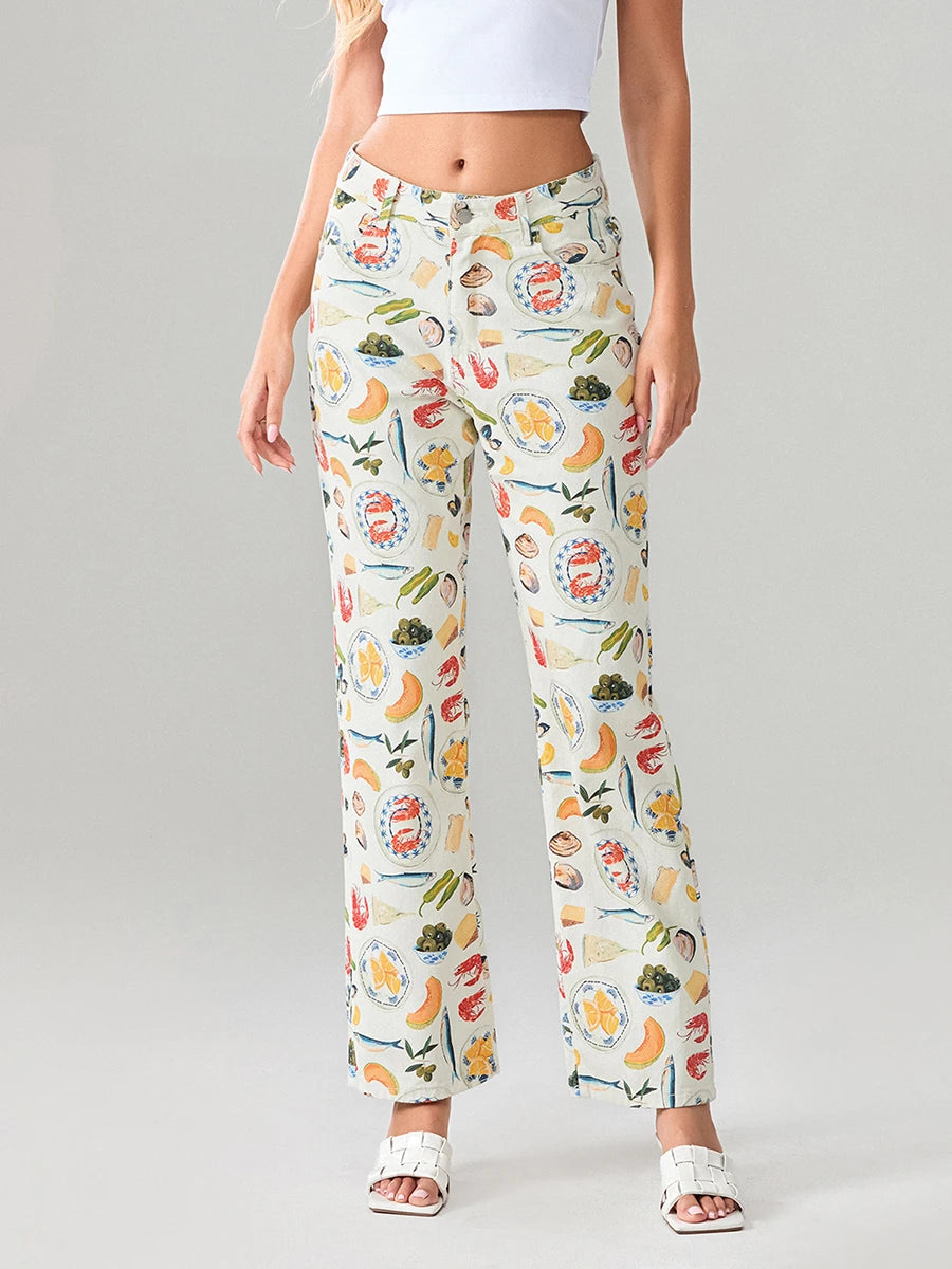 Women Y2k Fruit Print Jeans Pants Graphic Print High Neck Straight Leg Denim Pants Aesthetic Jeans Summer Streetwear