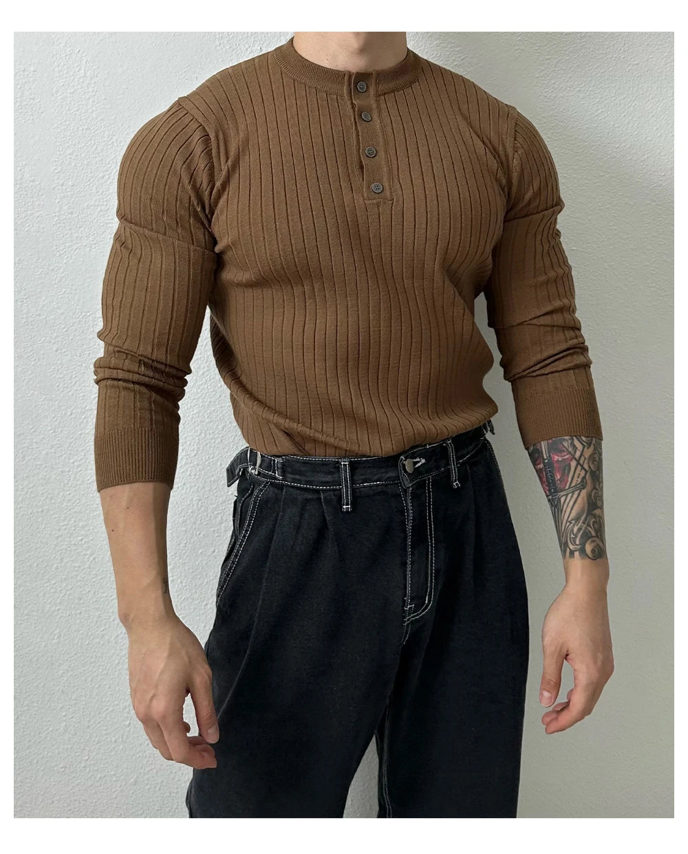 Autumn Clothing Men's Light Luxury Knit Korean Popular Henry Collar T-shirt Button-down Long Sleeve Retro Leisure Knitwear