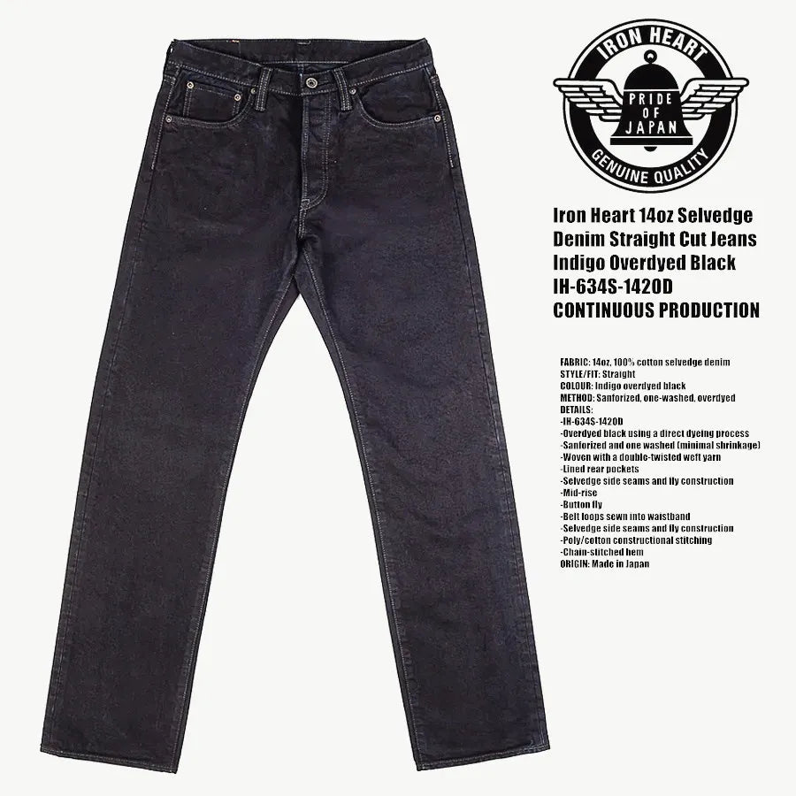 IRON HEART Indigo-Sulfide Black 634s Double Dyed 14oz Denim Jeans, One Wash
