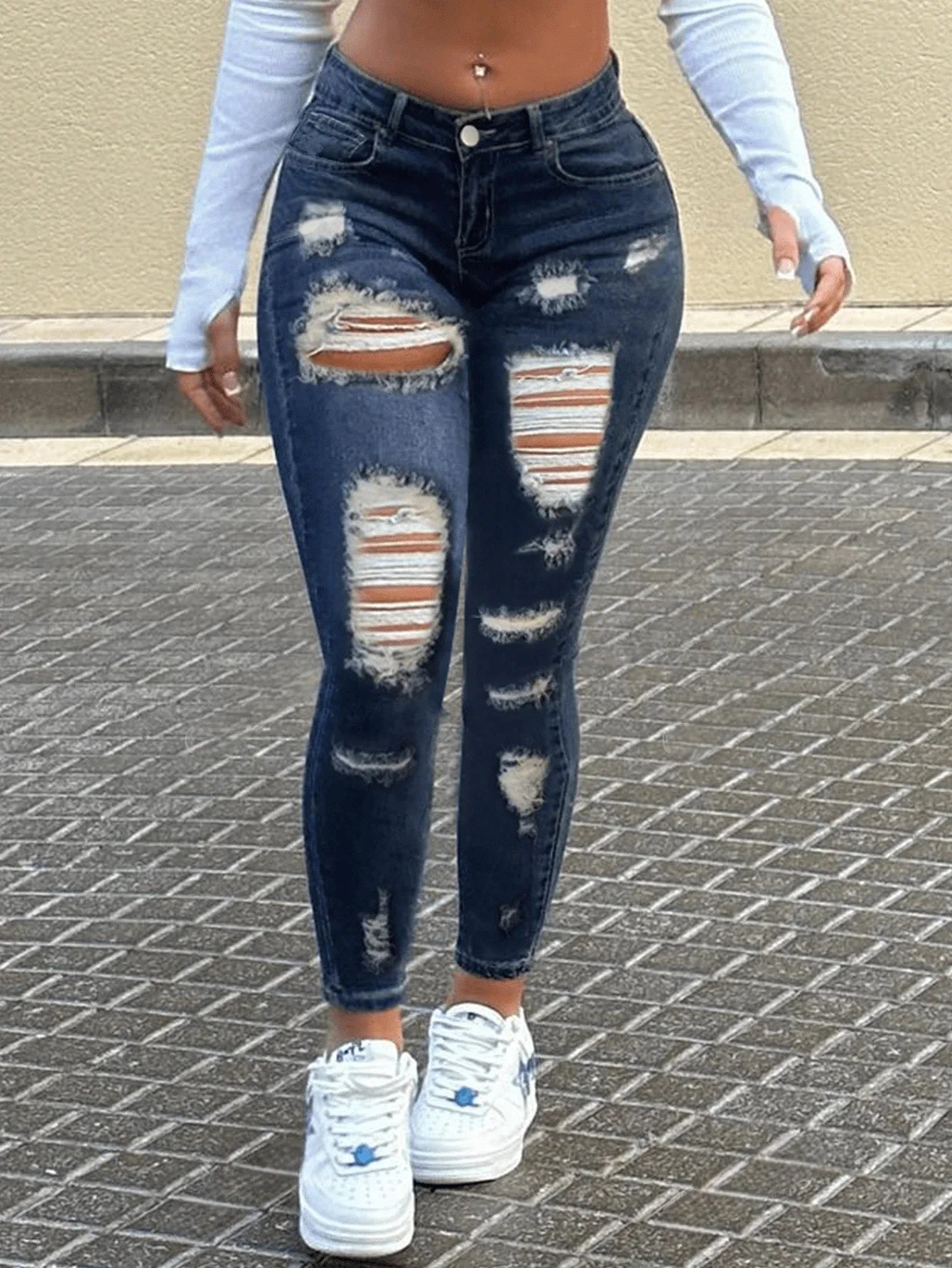 Women's Slim Fit Denim Jeans High Elasticity Mid Waist Hole Punching Washed Skinny Jeans Sexy Style Cross-Border Jeans