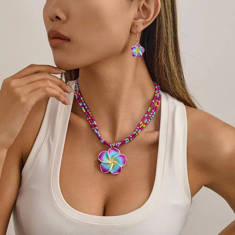 Egg Flower Earrings Necklaces Set Pendant Bohemia Flower Necklaces Earrings Drop Earrings Choker Vacation Style Jewelry Girl