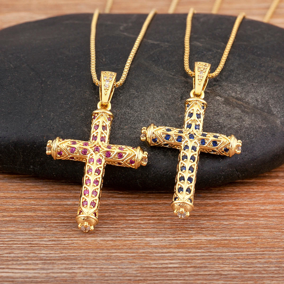 Nidin New Arrival Retro Column Shape Cross Pendant Necklace For Female Male Irregular Geometric Shine Zircon Jewelry Accessories