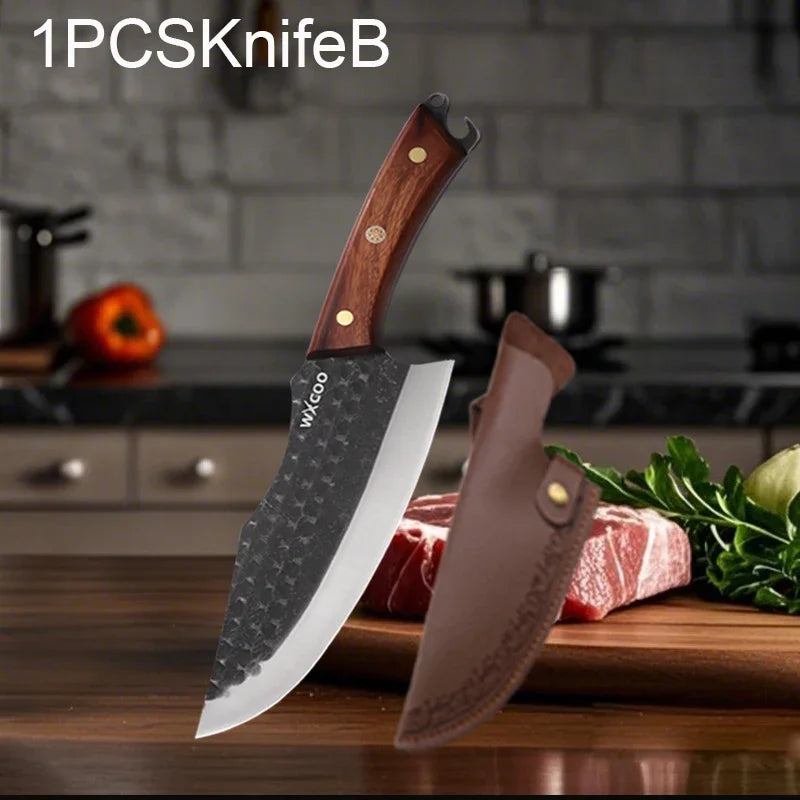 Kitchen Knife Supplies Forged Butcher Knife Fruit Slicing Bottle Opener Knife Multipurpose BBQ Cooking Chef Knife Wood Handle