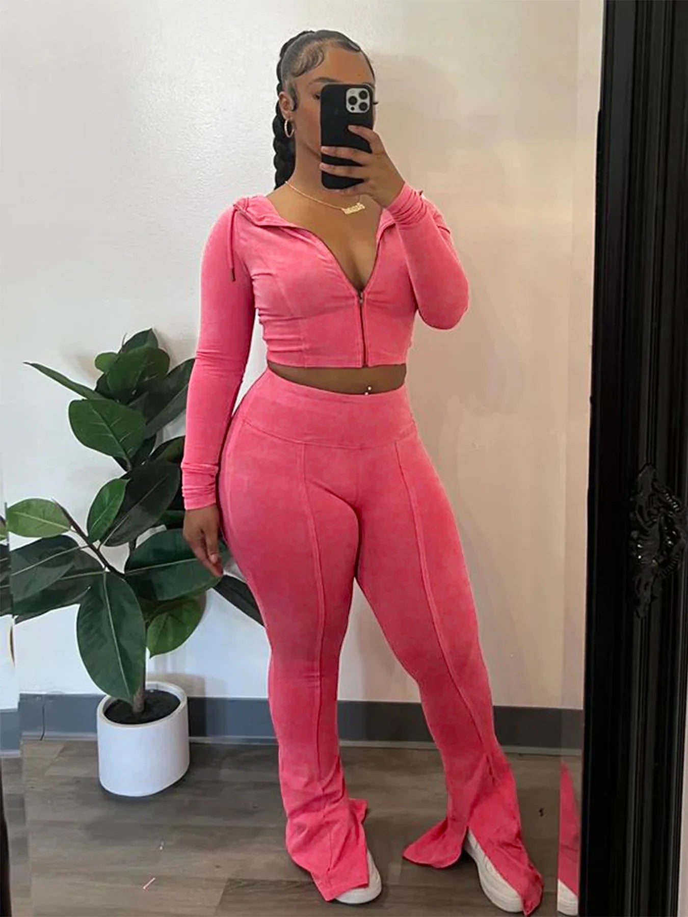 CM.YAYA Fashion Women's Set Long Sleeve Hooded Jacket and Slit Hem Flare Pants 2024 Fitness Two 2 Piece Set Outfits Tracksuit