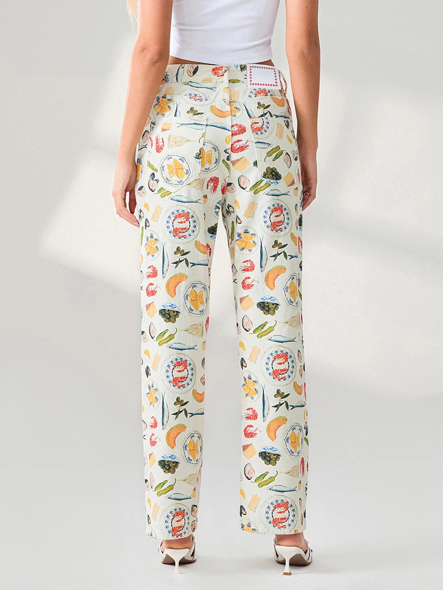 Women Y2k Fruit Print Jeans Pants Graphic Print High Neck Straight Leg Denim Pants Aesthetic Jeans Summer Streetwear