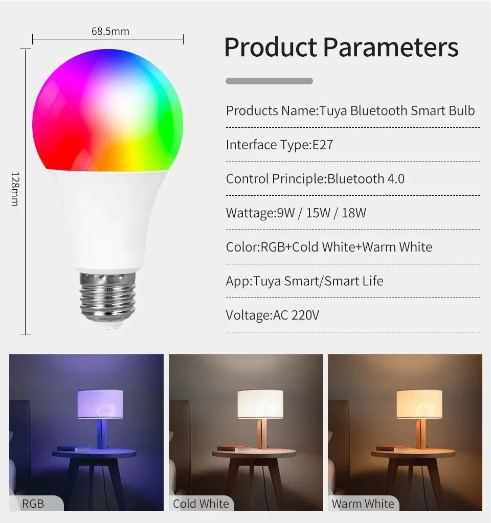 E27 Smart Bulb Tuya Bluetooth Smart Light Bulbs LED Lamp RGB 9W 15W 220V Smart Life APP Control LED Bulb Smart Home Automation
