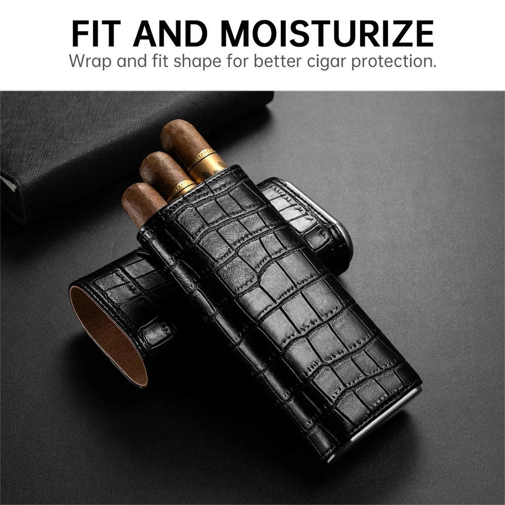 3-pack Cigar Case Luxury Portable Leather Holder Box Storage with Stainless Steel Sharp Cigar Cutter Smoking Accessories CH-24FA