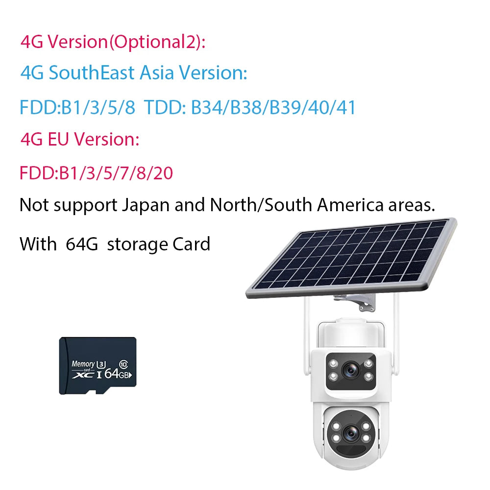 Hongnaer 8MP Dual Lens 4K Wireless WiFi/4G Sim Card Solar Powered Panel IP PTZ Outdoor WiFi Security CCTV Solar Camera