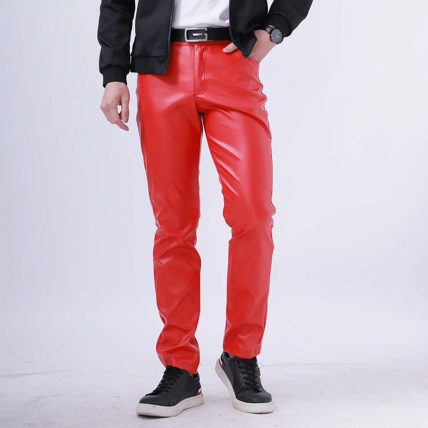 Spring Autumn Stretch Skinny Faux Leather Pants Men Black White Red Blue Khaki Grey PU Pants Plus Size 40 Men Joggers