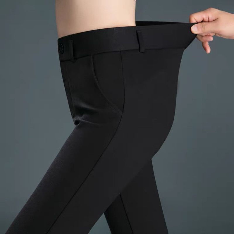 Spring Autumn Casual Button Elastic Mid Waist Black&Navy Blue Straight Trousers Office Lady Quick Drying Suit Pants Female