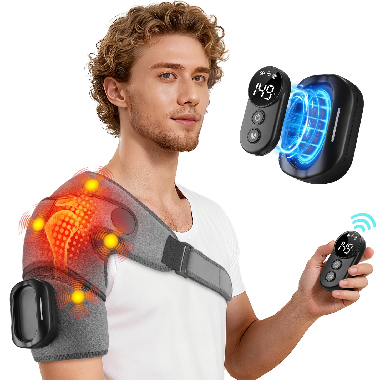 New Magnetic Remote Shoulder Massager,Cordless Heating,  4 Motors Vibration Massage,Timer Hot Compress Shoulder Pad,Muscle Relax