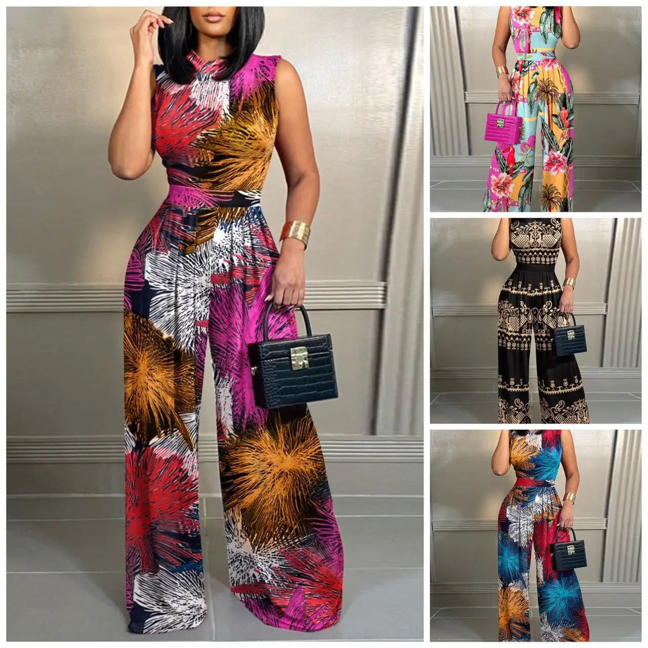 Elegant Women's Wide-leg Long Jumpsuit Spring And Summer Fashion Printed Sleeveless Casual Mid-waist Straight Jumpsuit Trousers