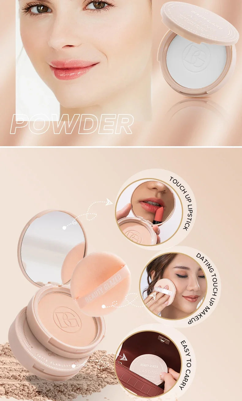 BEAUTY GLAZED Face Powder Oil Control Flawless Long Lasting Waterproof Lipstick Matte Setting Powder Face Makeup With Mirror
