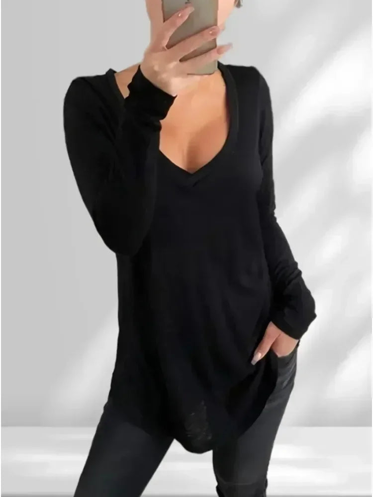Plus Size  Women's Solid Color  Fashion V-neck Long Sleeved T-shirt Ladies Casual Simple T-shirt