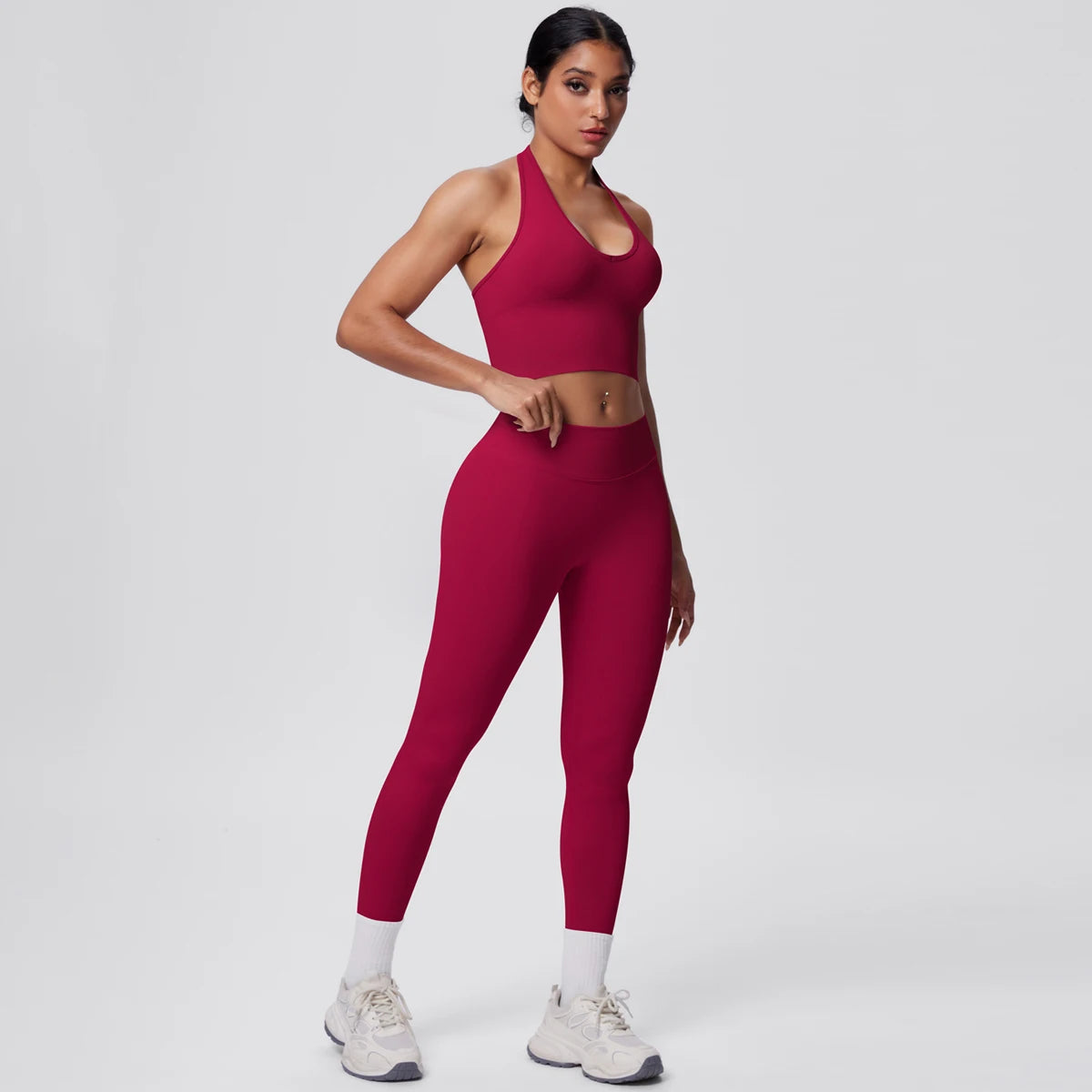 Solid Color Backless Breathable 2pieces Set for Woman High Strength Training Yoga Set Hanging Neck Bra Gym Push Up Fitness Pants