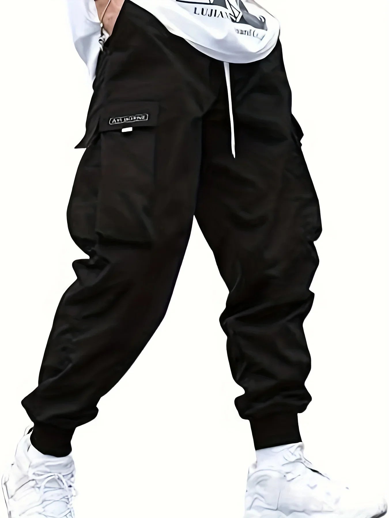 Plus Size Solid Color Spring Summer Men Casual Drawstring Cargo Pants Pockets Black Loose Out Door Elasticity Oversize Pants