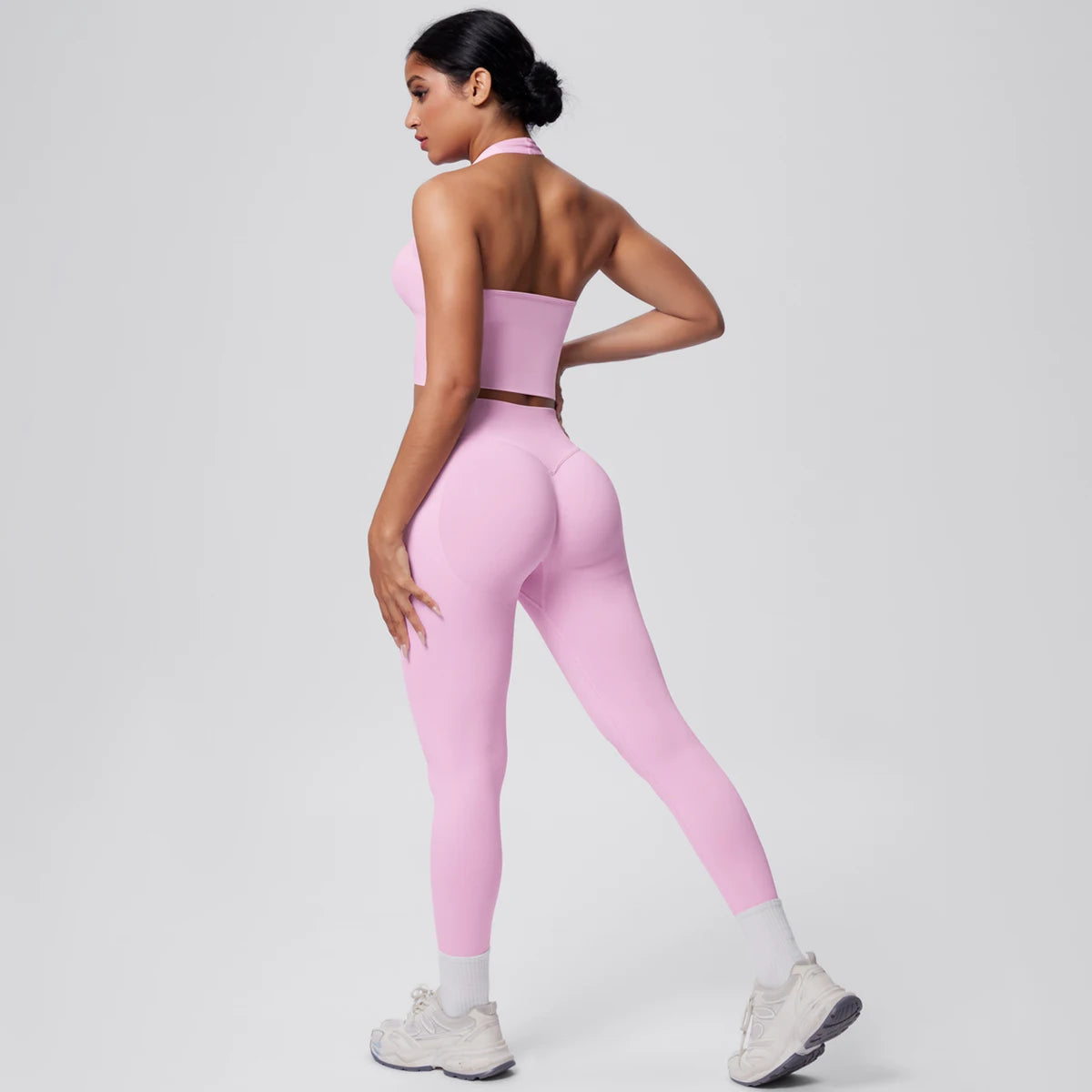Solid Color Backless Breathable 2pieces Set for Woman High Strength Training Yoga Set Hanging Neck Bra Gym Push Up Fitness Pants