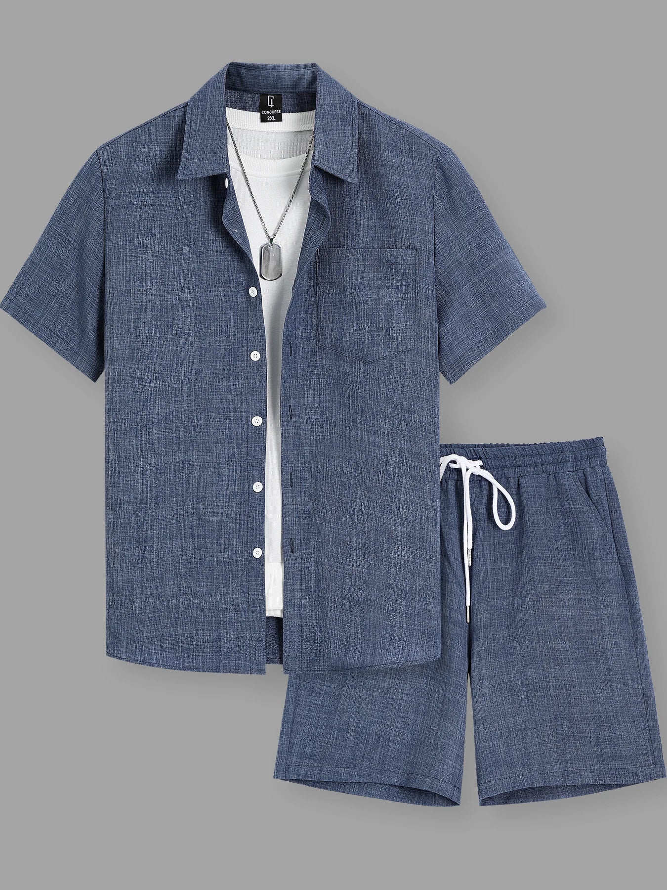 Plus Size Men's Minimal Textured Set, Single Pocket Linen Shirt & Matching Shorts for Casual Commute