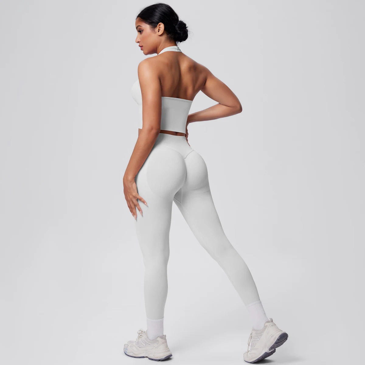 Solid Color Backless Breathable 2pieces Set for Woman High Strength Training Yoga Set Hanging Neck Bra Gym Push Up Fitness Pants